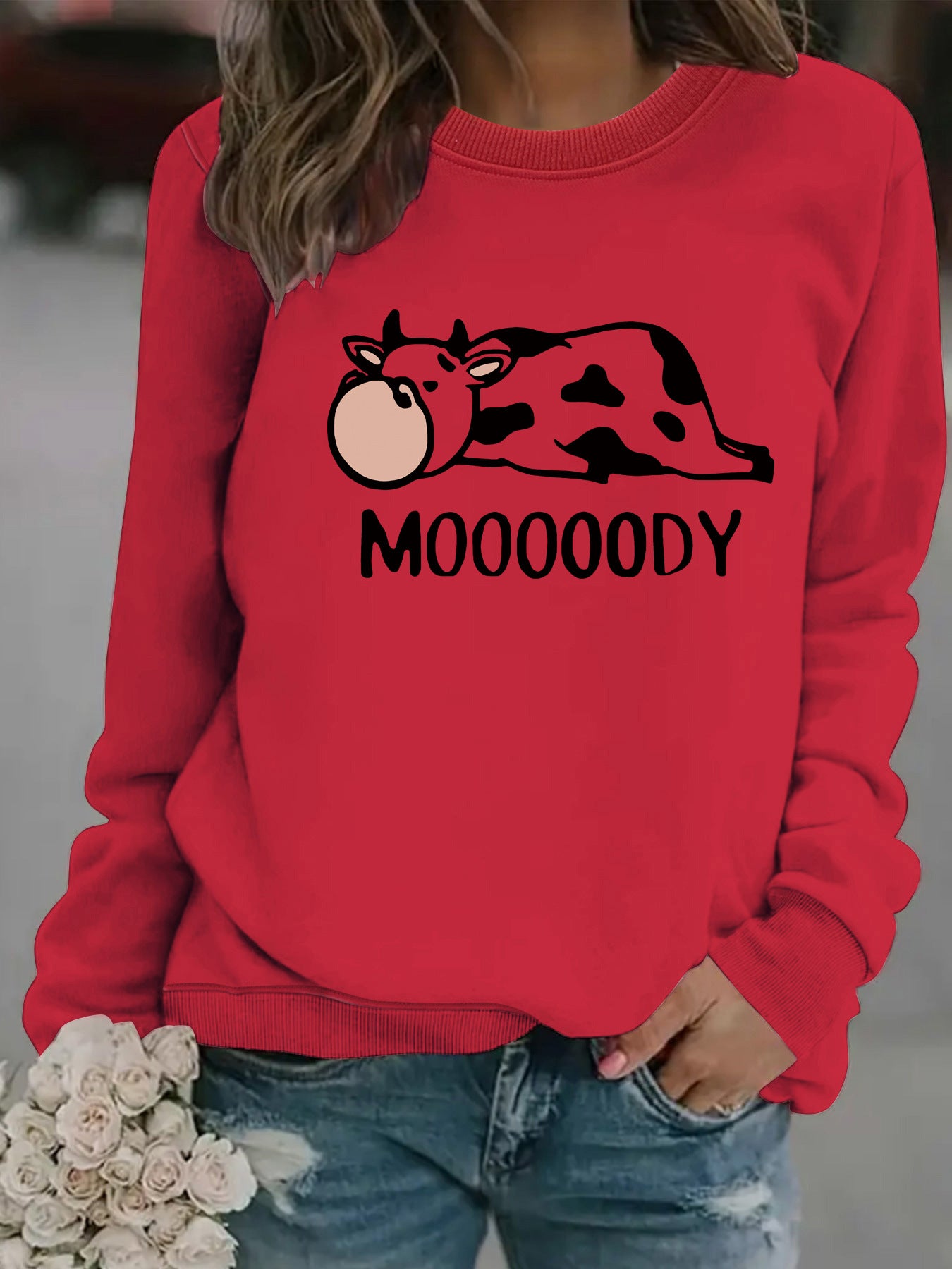 Round neck MOOOOODY printed pullover sweatshirt sweatshirt