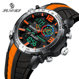 SENORS orange and black watch with analog hands and digital LCD sub-displays