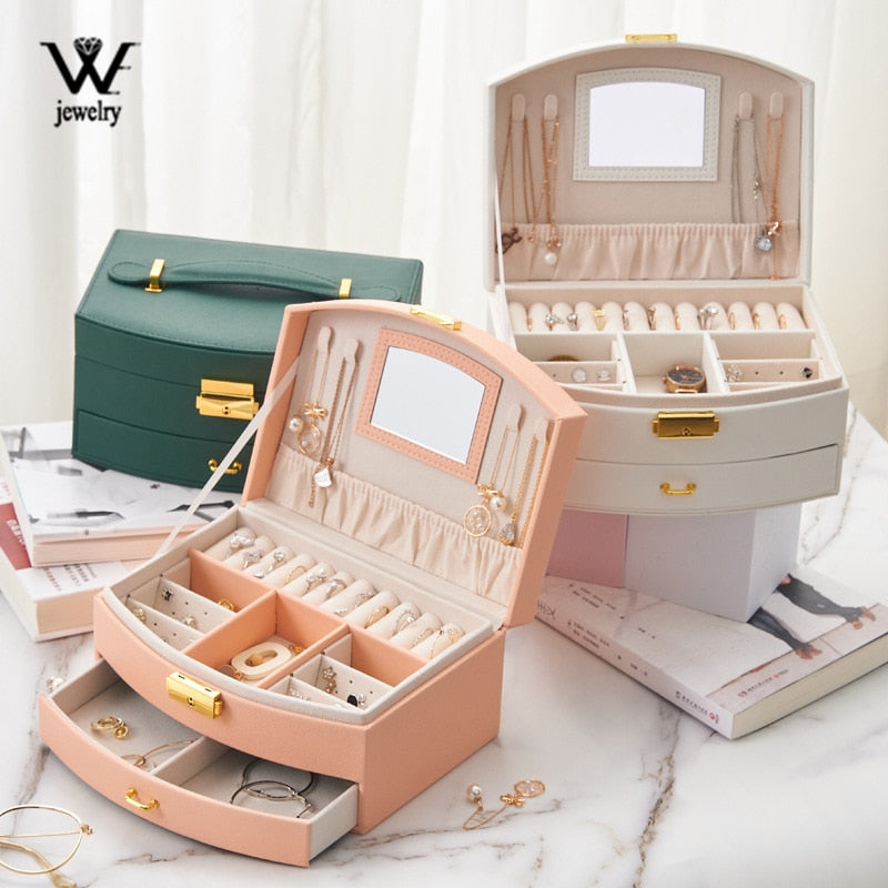 New Wear-resista Leather Jewelry Box Travel Jewelry Organizer Multifunction Necklace Earring Storage Box with Mirror Gifts