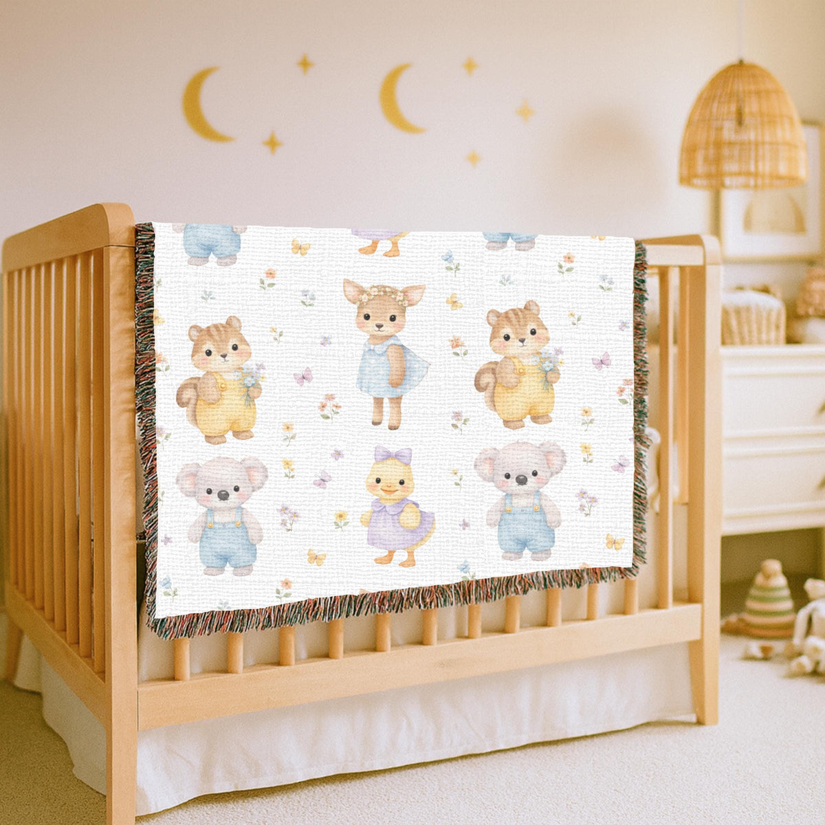 Cute Woodland Animal Baby Woven Blanket Forest Nursery Decor Koala Duck Deer Squirrel Kids Throw Baby Shower Gift