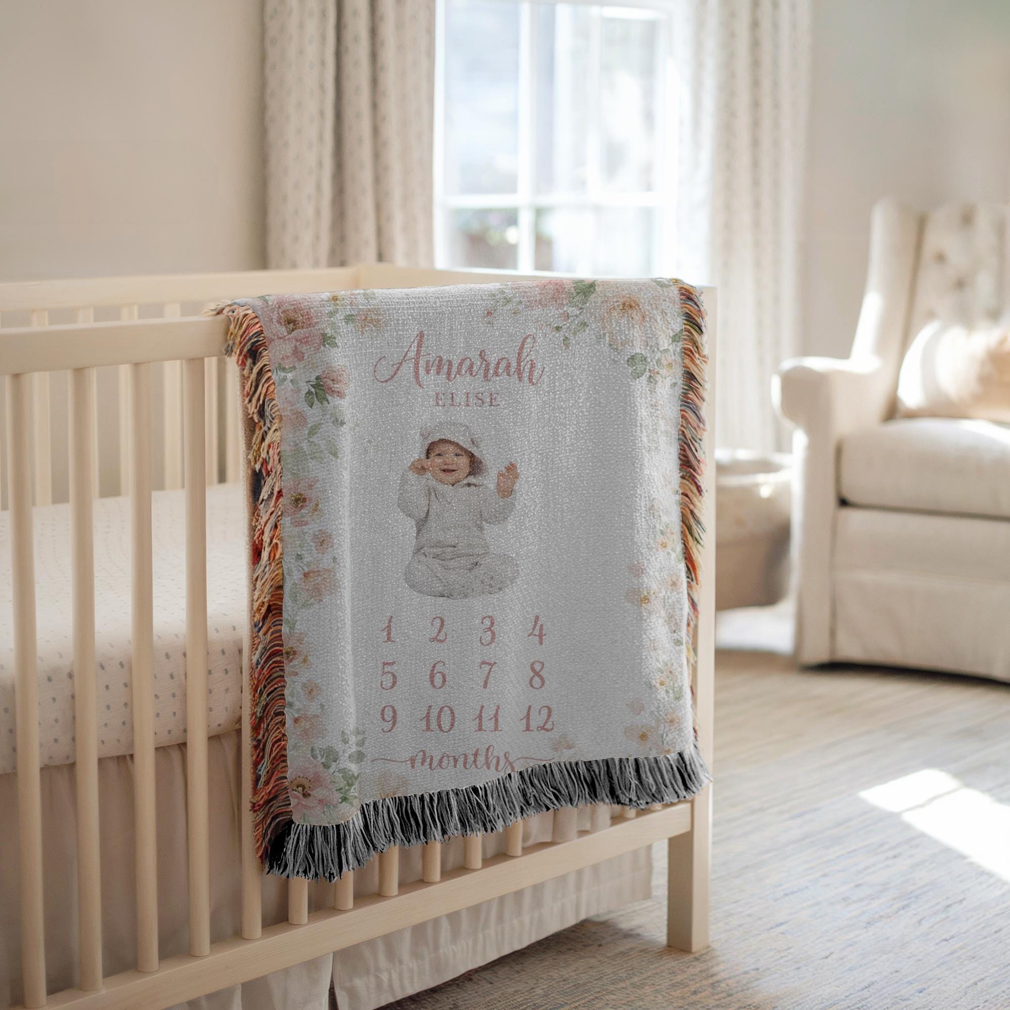 Personalized Baby Milestone Woven Blanket Floral Baby Blanket Monthly Photo Blanket Baby Shower Gift Nursery Decor