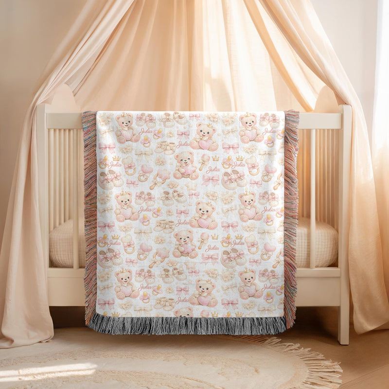 Personalized Teddy Bear Baby Woven Blanket Custom Name Girl Nursery Blanket Baby Shower Gift Pink Nursery Decor