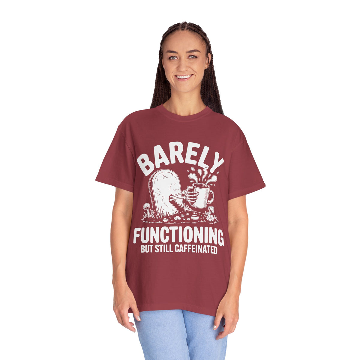 Funny Coffee Lover Comfort Colors Shirt, Barely Functioning But Still Caffeinated Tee, Gothic Humor Graphic Shirt, Espresso Addict Gift