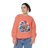 Japanese Surfing Raccoon Sweatshirt, Retro Wave Graphic Crewneck, Funny Animal Surfer Gift, Japan Inspired Beachwear Cozy Pullover