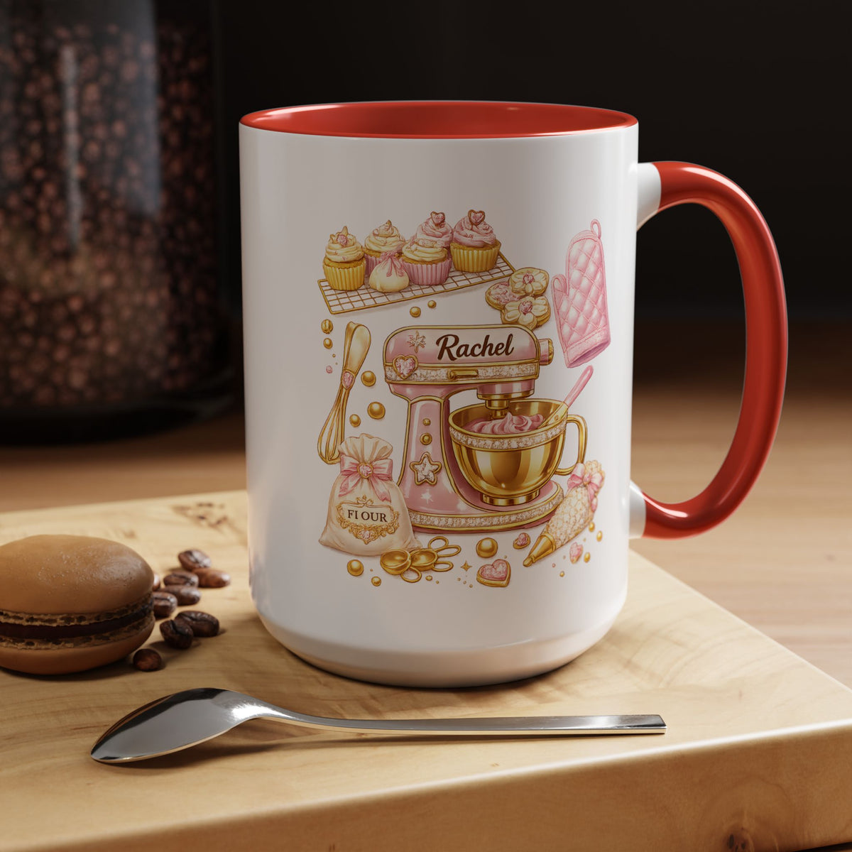 Cute Baking Stand Mixer Coffee Mug, Personalized Baker Gift for Her, Aesthetic Pastry Chef Kitchen Ceramic Tea Cup with Dark Blue Handle