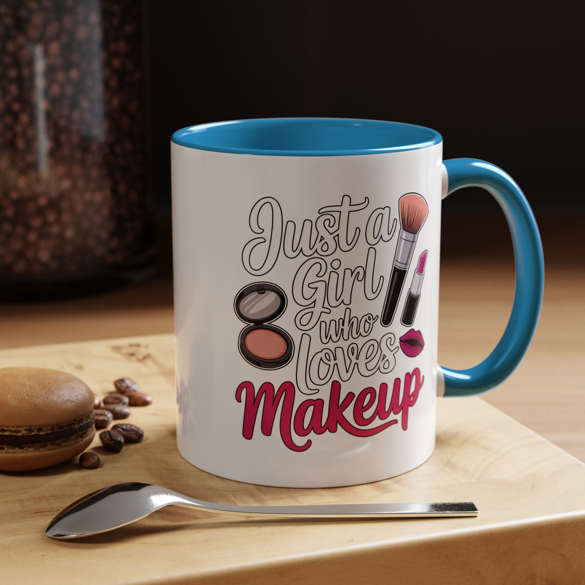 Makeup Lover Coffee Mug, Just a Girl Who Loves Makeup Quote, Lipstick and Brush Design, Birthday Gift for Beauty Enthusiast or Makeup Artist