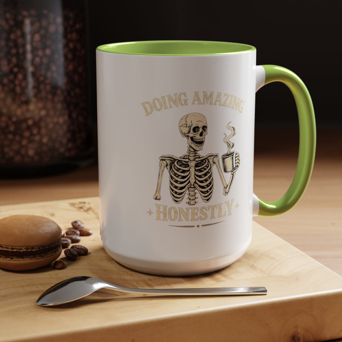 Doing Amazing Honestly Skeleton Coffee Mug, Funny Burnout Gift for Coworker, Sarcastic Office Coffee Cup, Tired but Thriving Mug
