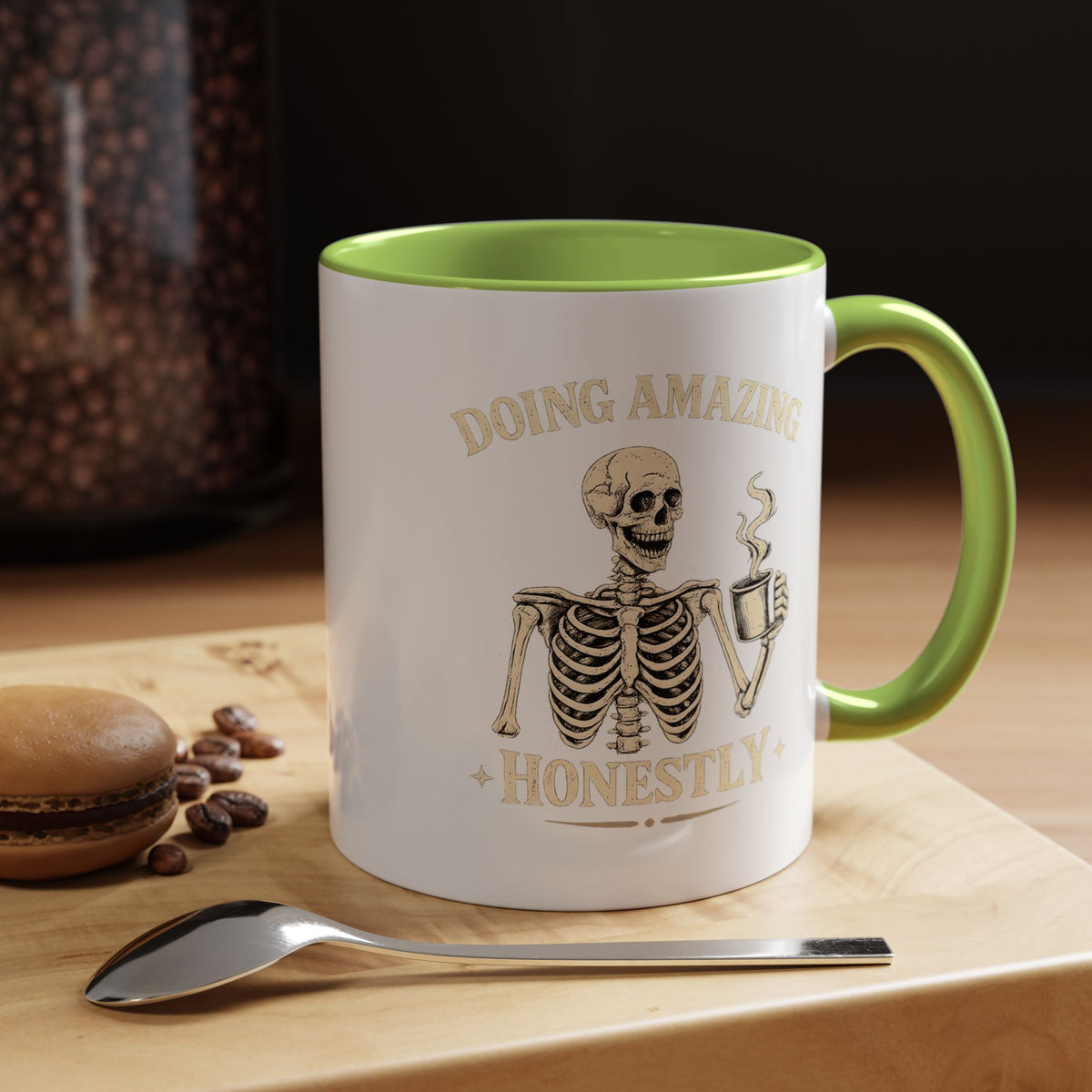 Doing Amazing Honestly Skeleton Coffee Mug, Funny Burnout Gift for Coworker, Sarcastic Office Coffee Cup, Tired but Thriving Mug