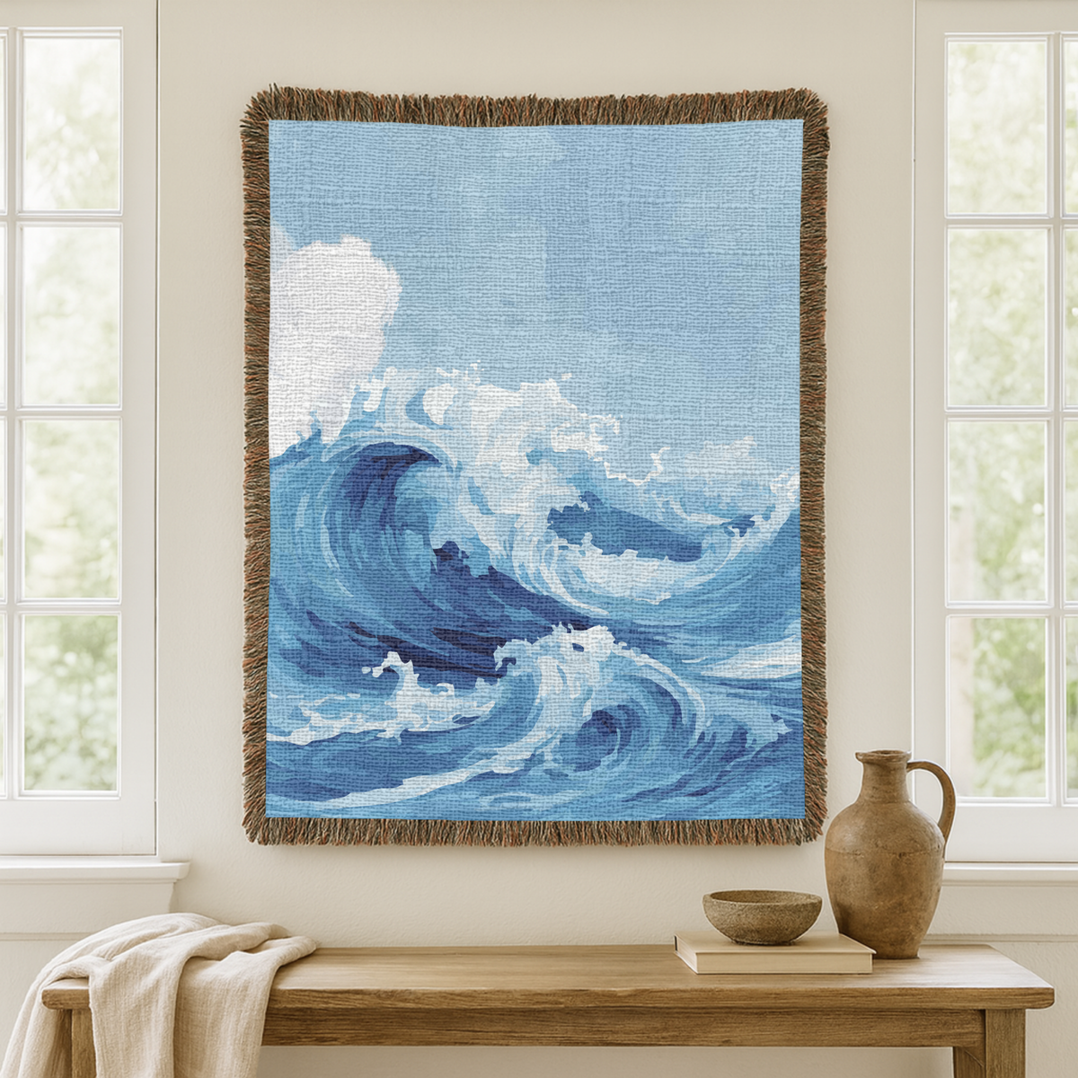 Ocean Wave Woven Blanket, Coastal Throw Blanket for Beach House Decor, Blue Nautical Wall Tapestry Gift for Ocean Lovers