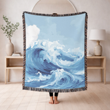 Ocean Wave Woven Blanket, Coastal Throw Blanket for Beach House Decor, Blue Nautical Wall Tapestry Gift for Ocean Lovers