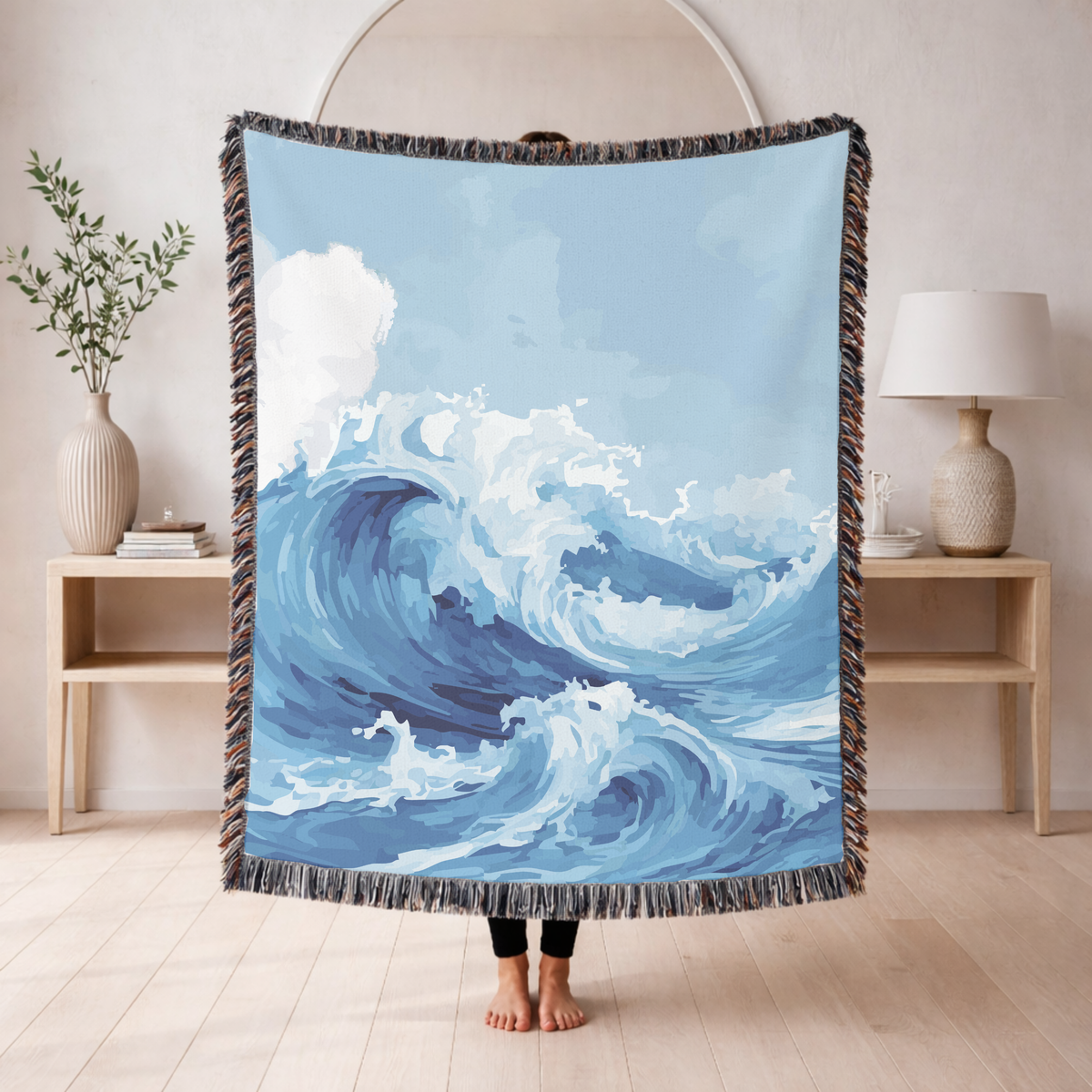 Ocean Wave Woven Blanket, Coastal Throw Blanket for Beach House Decor, Blue Nautical Wall Tapestry Gift for Ocean Lovers