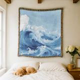Ocean Wave Woven Blanket, Coastal Throw Blanket for Beach House Decor, Blue Nautical Wall Tapestry Gift for Ocean Lovers