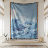 Ocean Wave Woven Blanket, Coastal Throw Blanket for Beach House Decor, Blue Nautical Wall Tapestry Gift for Ocean Lovers
