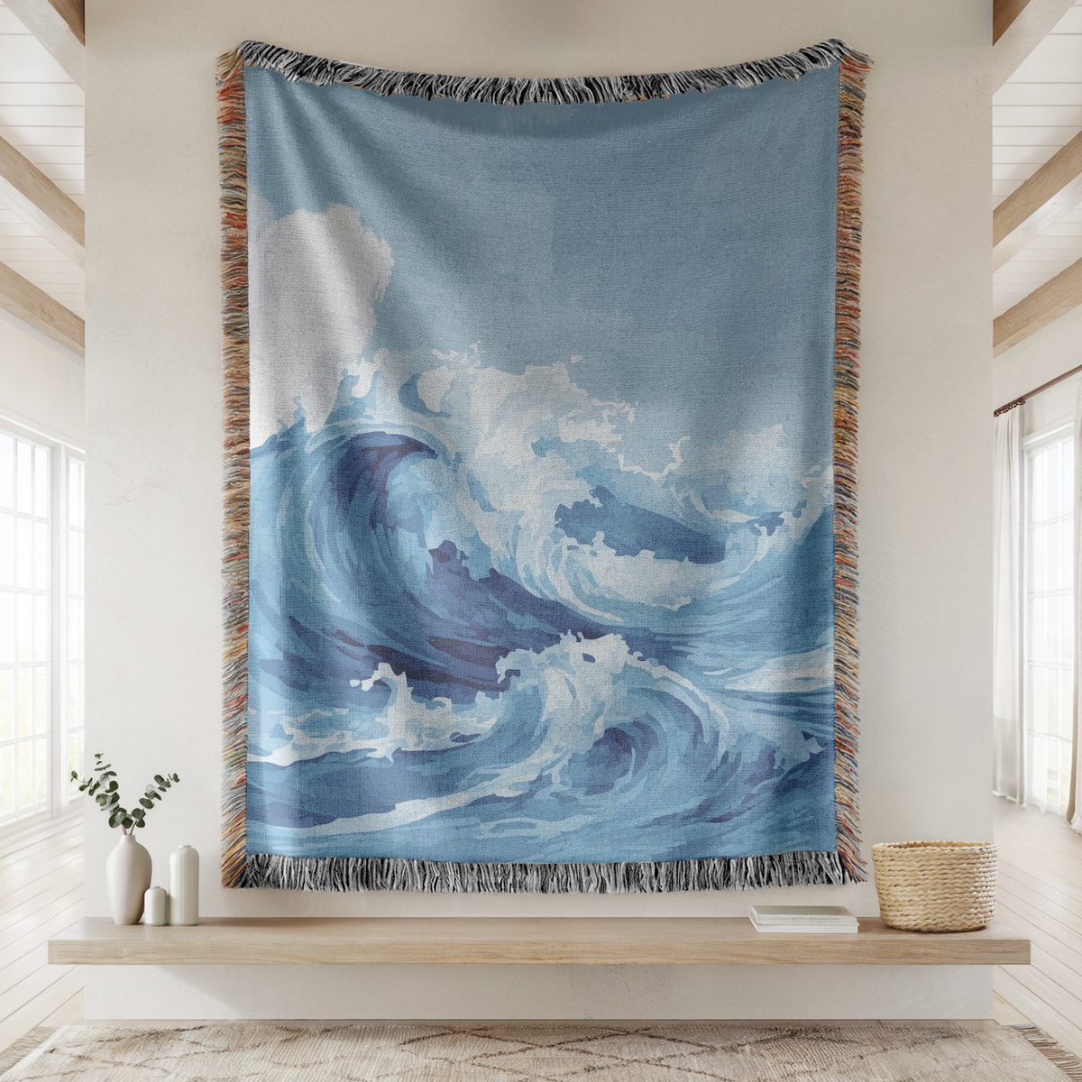 Ocean Wave Woven Blanket, Coastal Throw Blanket for Beach House Decor, Blue Nautical Wall Tapestry Gift for Ocean Lovers