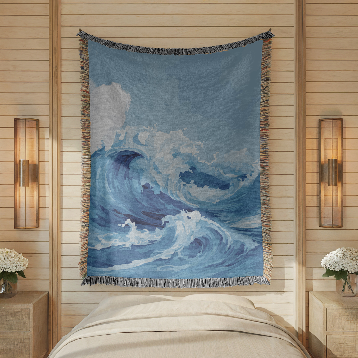 Ocean Wave Woven Blanket, Coastal Throw Blanket for Beach House Decor, Blue Nautical Wall Tapestry Gift for Ocean Lovers