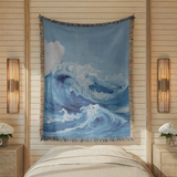Ocean Wave Woven Blanket, Coastal Throw Blanket for Beach House Decor, Blue Nautical Wall Tapestry Gift for Ocean Lovers
