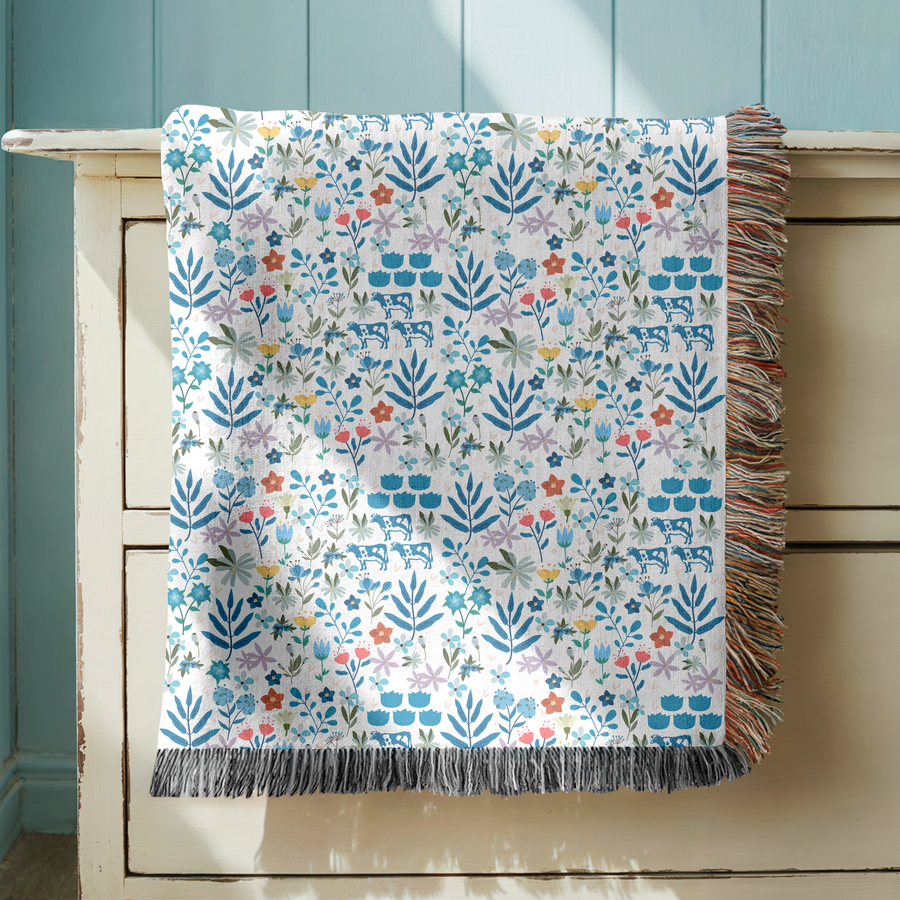 Floral Folk Art Woven Blanket, Scandinavian Farmhouse Throw Blanket, Cottagecore Decor Gift for Cozy Country Homes