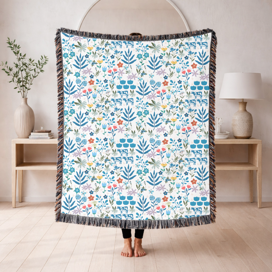 Floral Folk Art Woven Blanket, Scandinavian Farmhouse Throw Blanket, Cottagecore Decor Gift for Cozy Country Homes
