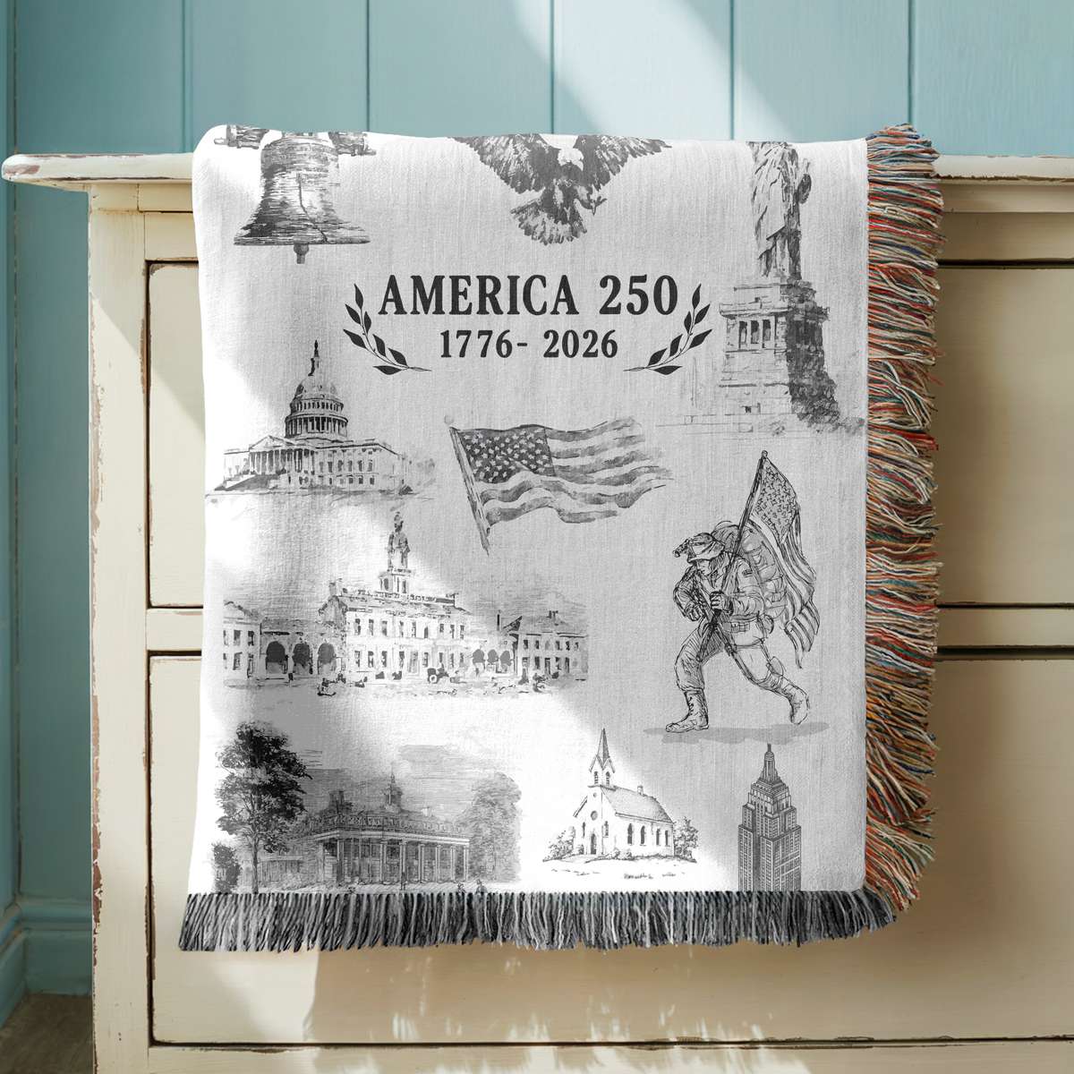 Cream fringed woven blanket headed America 250, 1776 to 2026, with engraved views of the Liberty Bell, the Statue of Liberty, the Capitol, a waving flag and a marching soldier.