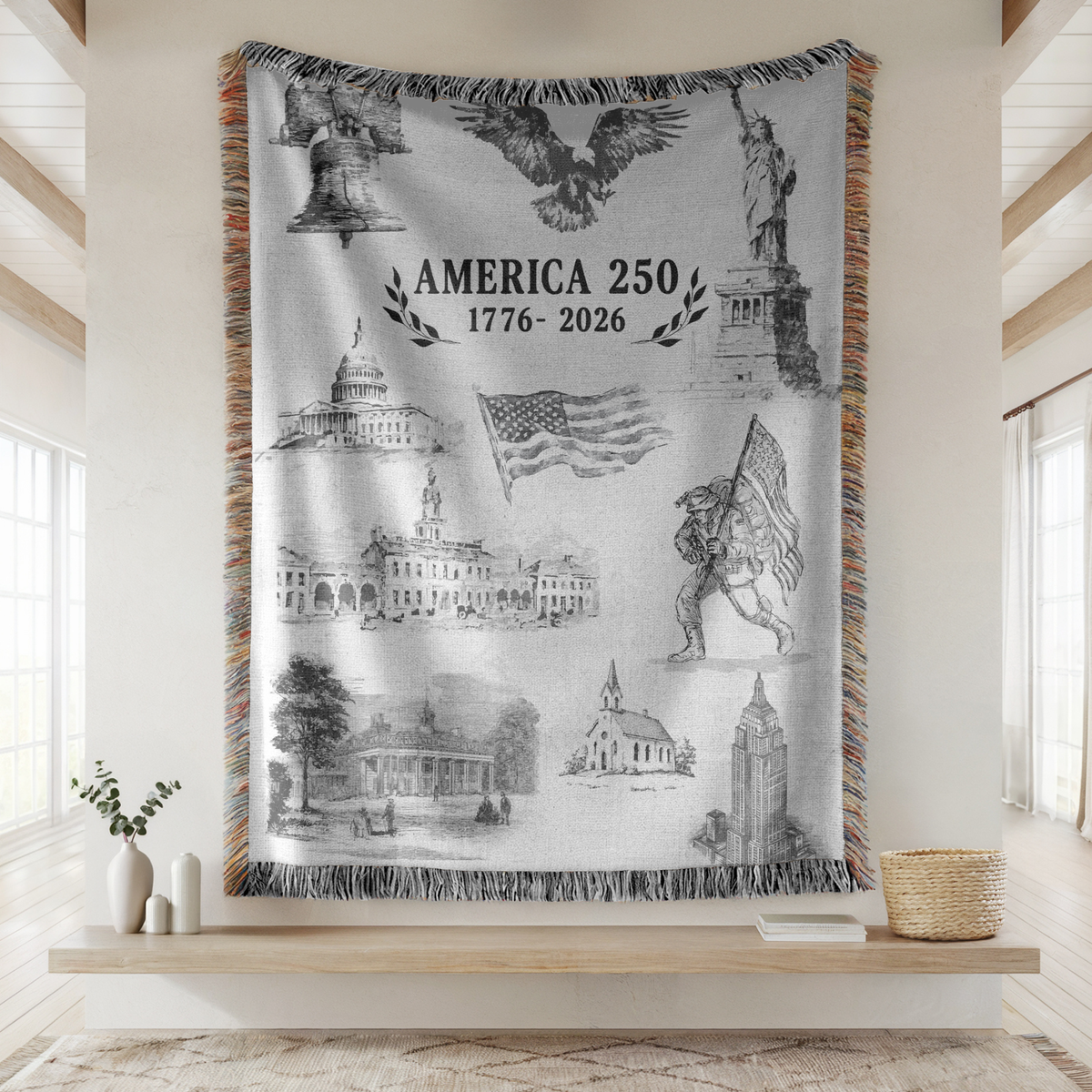 America 250 Woven Blanket, Patriotic USA Throw Blanket for Americana Home Decor, Bicentennial Gift for Veterans and History Lovers