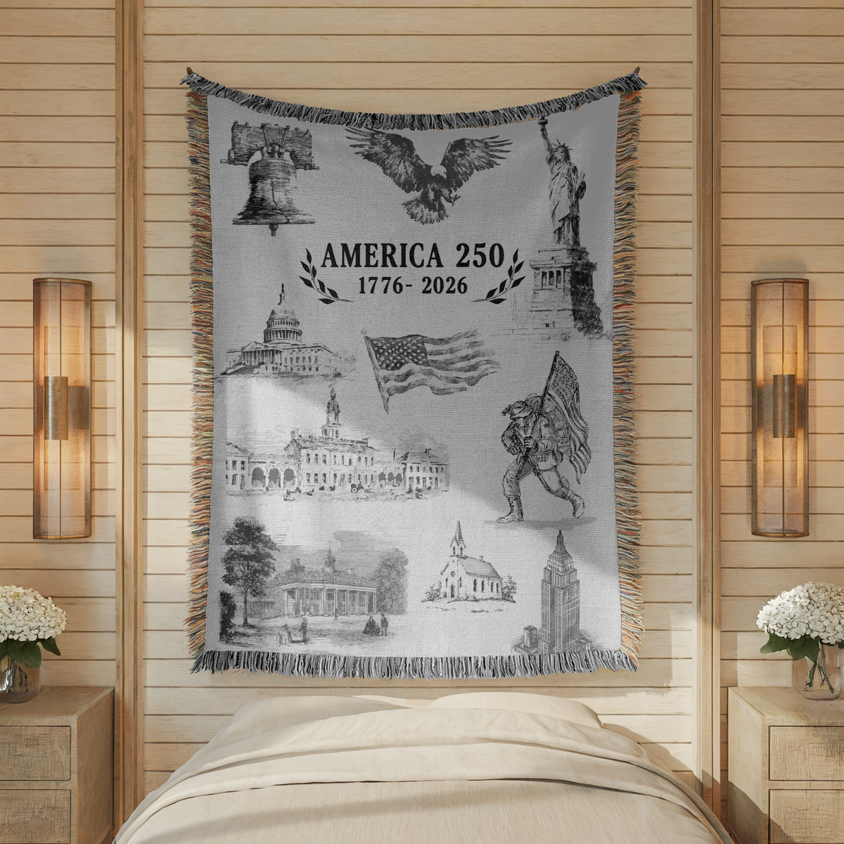 America 250 Woven Blanket, Patriotic USA Throw Blanket for Americana Home Decor, Bicentennial Gift for Veterans and History Lovers