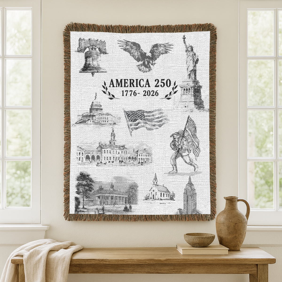 America 250 Woven Blanket, Patriotic USA Throw Blanket for Americana Home Decor, Bicentennial Gift for Veterans and History Lovers