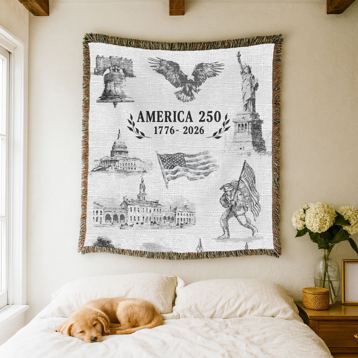 America 250 Woven Blanket, Patriotic USA Throw Blanket for Americana Home Decor, Bicentennial Gift for Veterans and History Lovers
