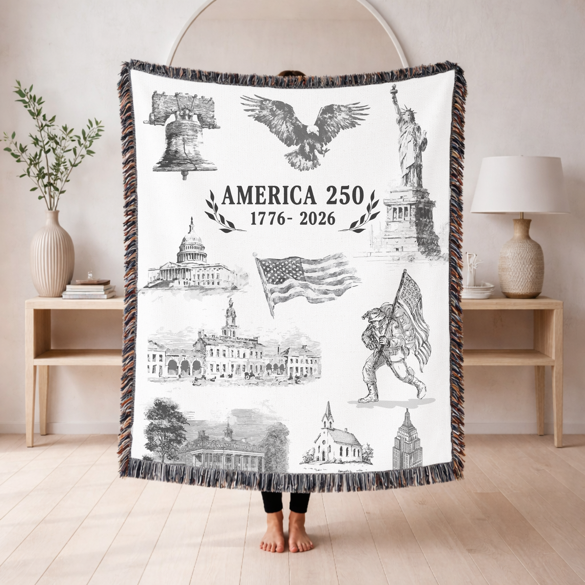 America 250 Woven Blanket, Patriotic USA Throw Blanket for Americana Home Decor, Bicentennial Gift for Veterans and History Lovers