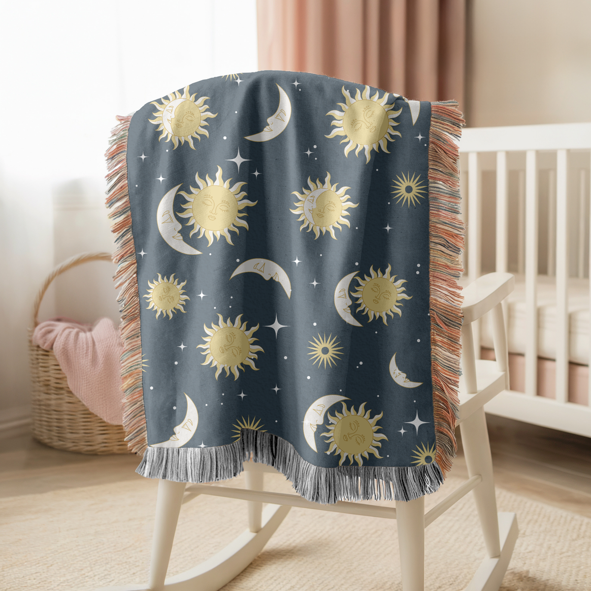 Celestial Sun and Moon Woven Blanket, Boho Astrology Throw Blanket, Cozy Celestial Home Decor, Witchy Gift for Her, Moon Phase Bedding Accent