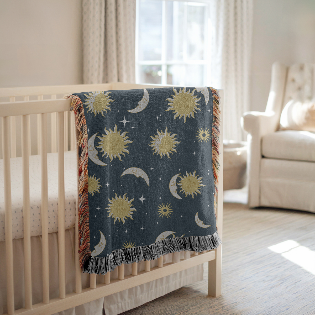 Celestial Sun and Moon Woven Blanket, Boho Astrology Throw Blanket, Cozy Celestial Home Decor, Witchy Gift for Her, Moon Phase Bedding Accent