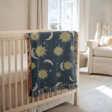 Celestial Sun and Moon Woven Blanket, Boho Astrology Throw Blanket, Cozy Celestial Home Decor, Witchy Gift for Her, Moon Phase Bedding Accent