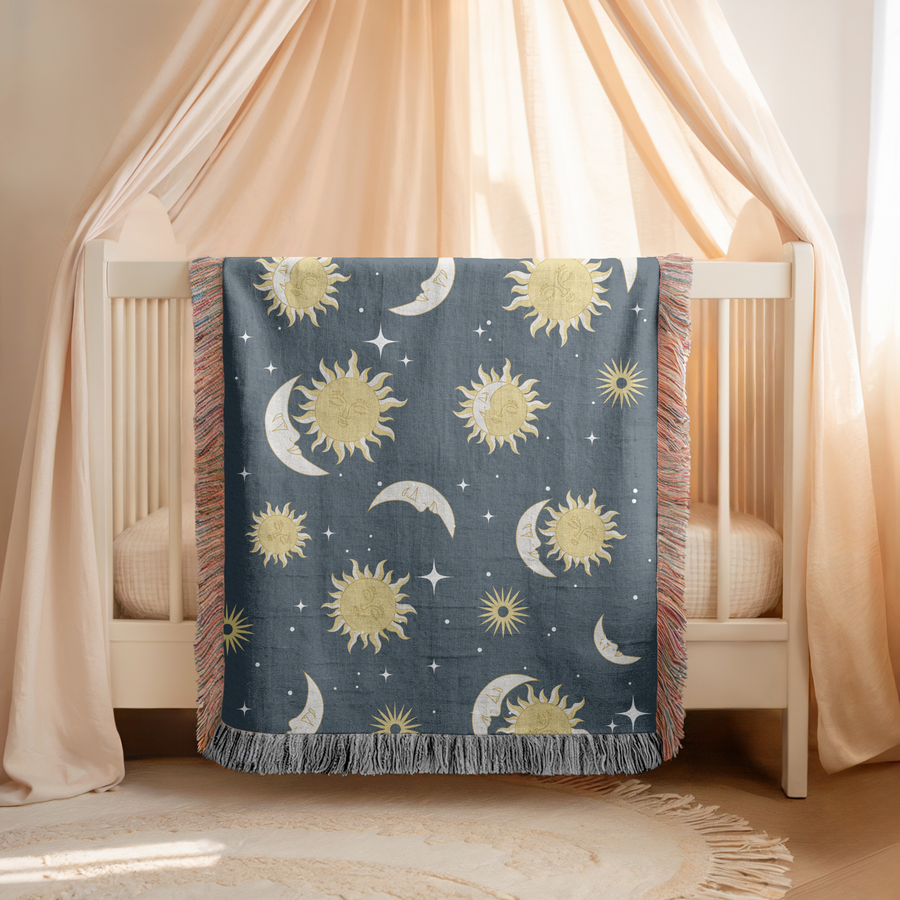Celestial Sun and Moon Woven Blanket, Boho Astrology Throw Blanket, Cozy Celestial Home Decor, Witchy Gift for Her, Moon Phase Bedding Accent