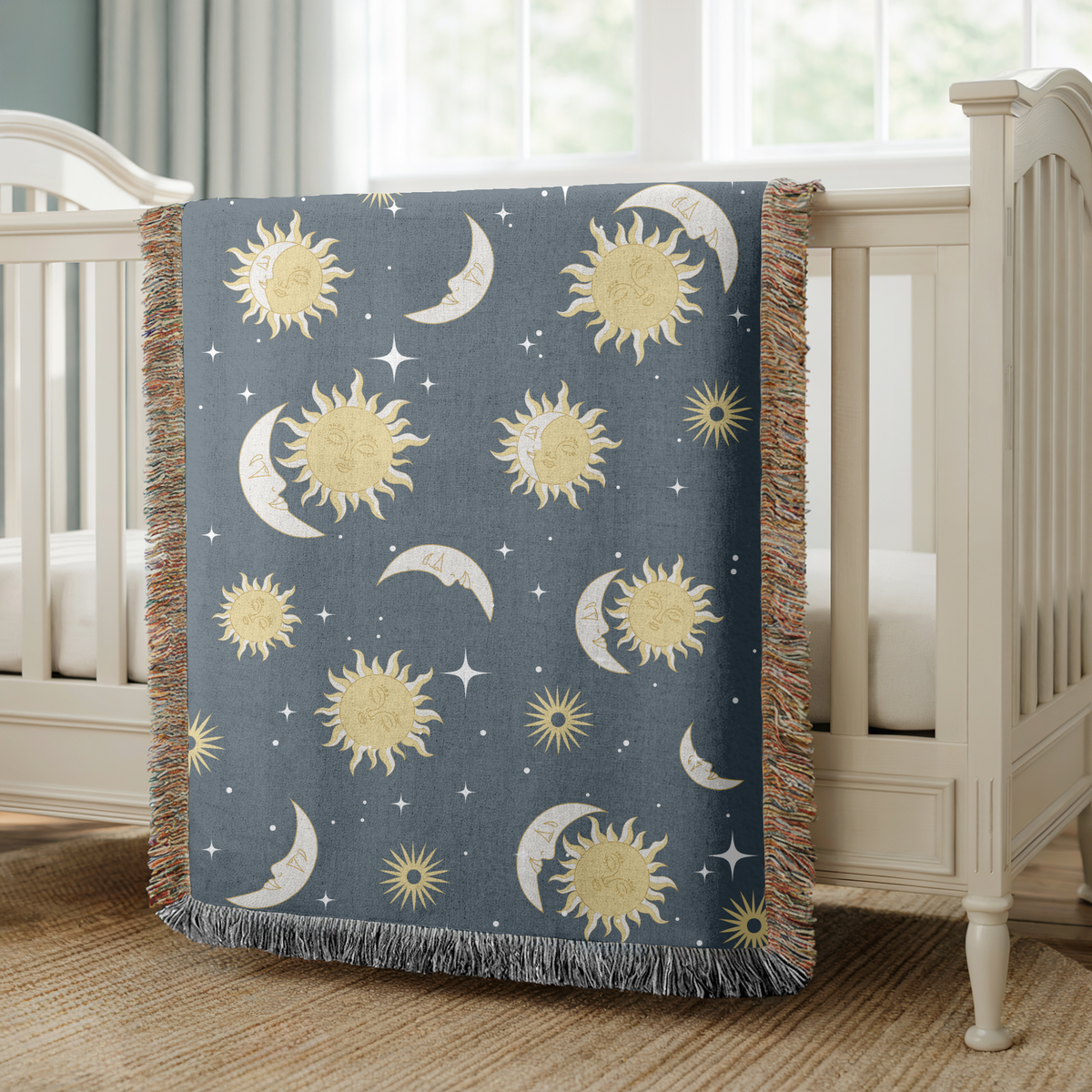 Celestial Sun and Moon Woven Blanket, Boho Astrology Throw Blanket, Cozy Celestial Home Decor, Witchy Gift for Her, Moon Phase Bedding Accent