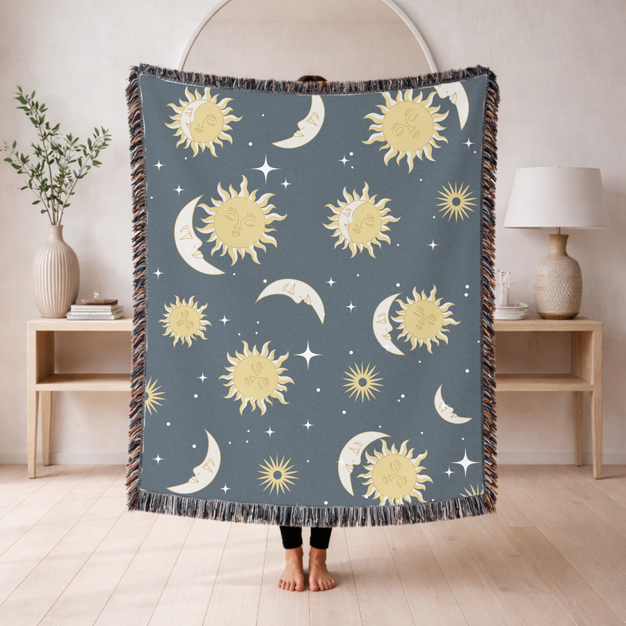 Celestial Sun and Moon Woven Blanket, Boho Astrology Throw Blanket, Cozy Celestial Home Decor, Witchy Gift for Her, Moon Phase Bedding Accent