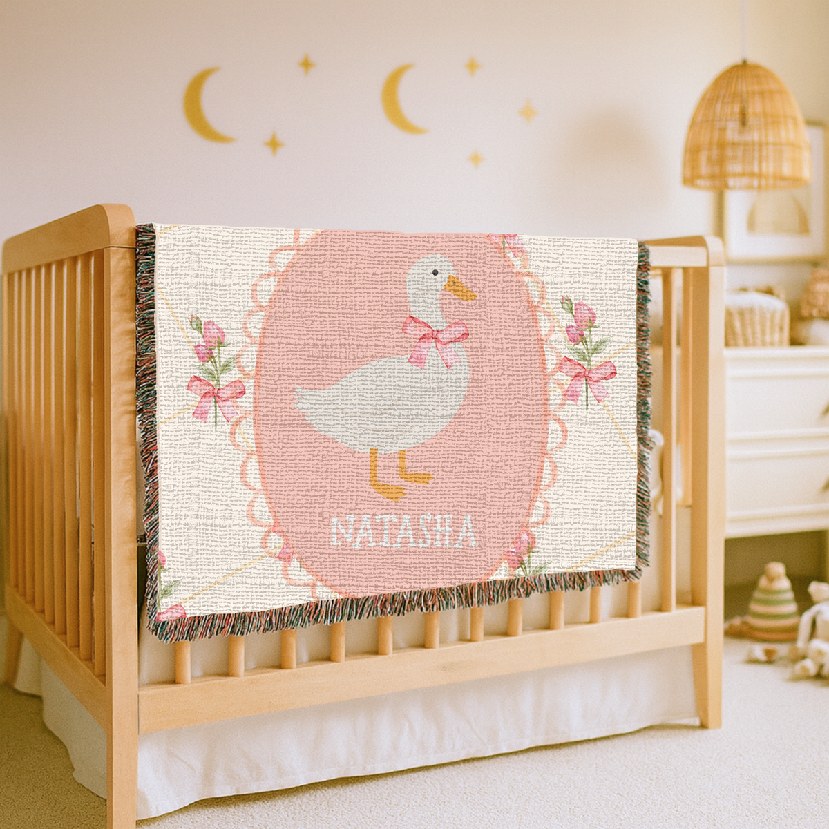 Personalized Goose Woven Blanket, Custom Baby Name Blanket, Nursery Decor Throw, Baby Shower Gift, Cute Goose Bedding Accent for Girls