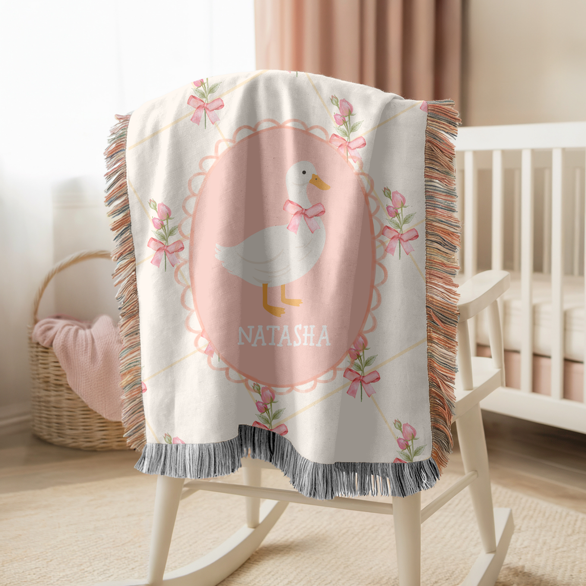 Personalized Goose Woven Blanket, Custom Baby Name Blanket, Nursery Decor Throw, Baby Shower Gift, Cute Goose Bedding Accent for Girls