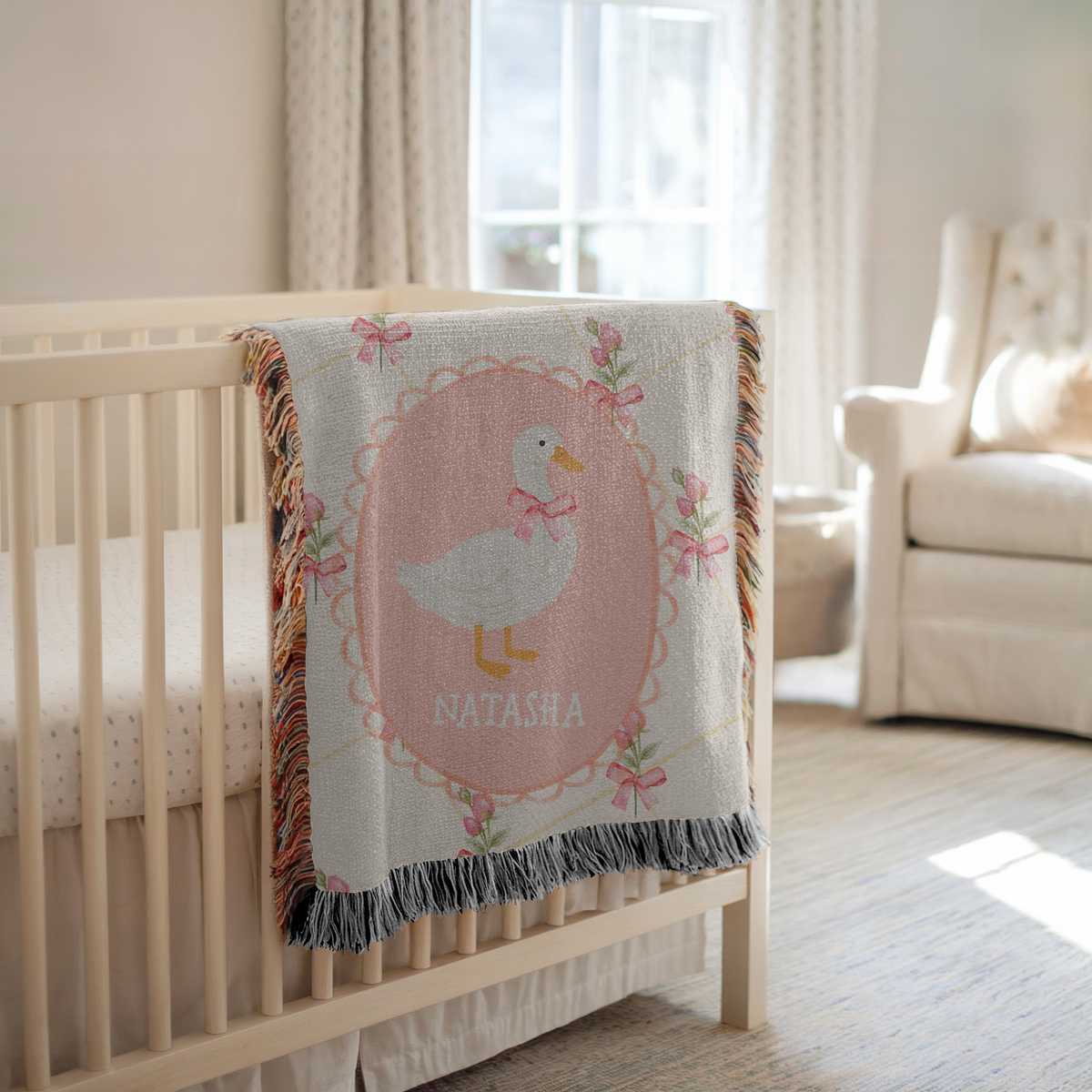 Personalized Goose Woven Blanket, Custom Baby Name Blanket, Nursery Decor Throw, Baby Shower Gift, Cute Goose Bedding Accent for Girls