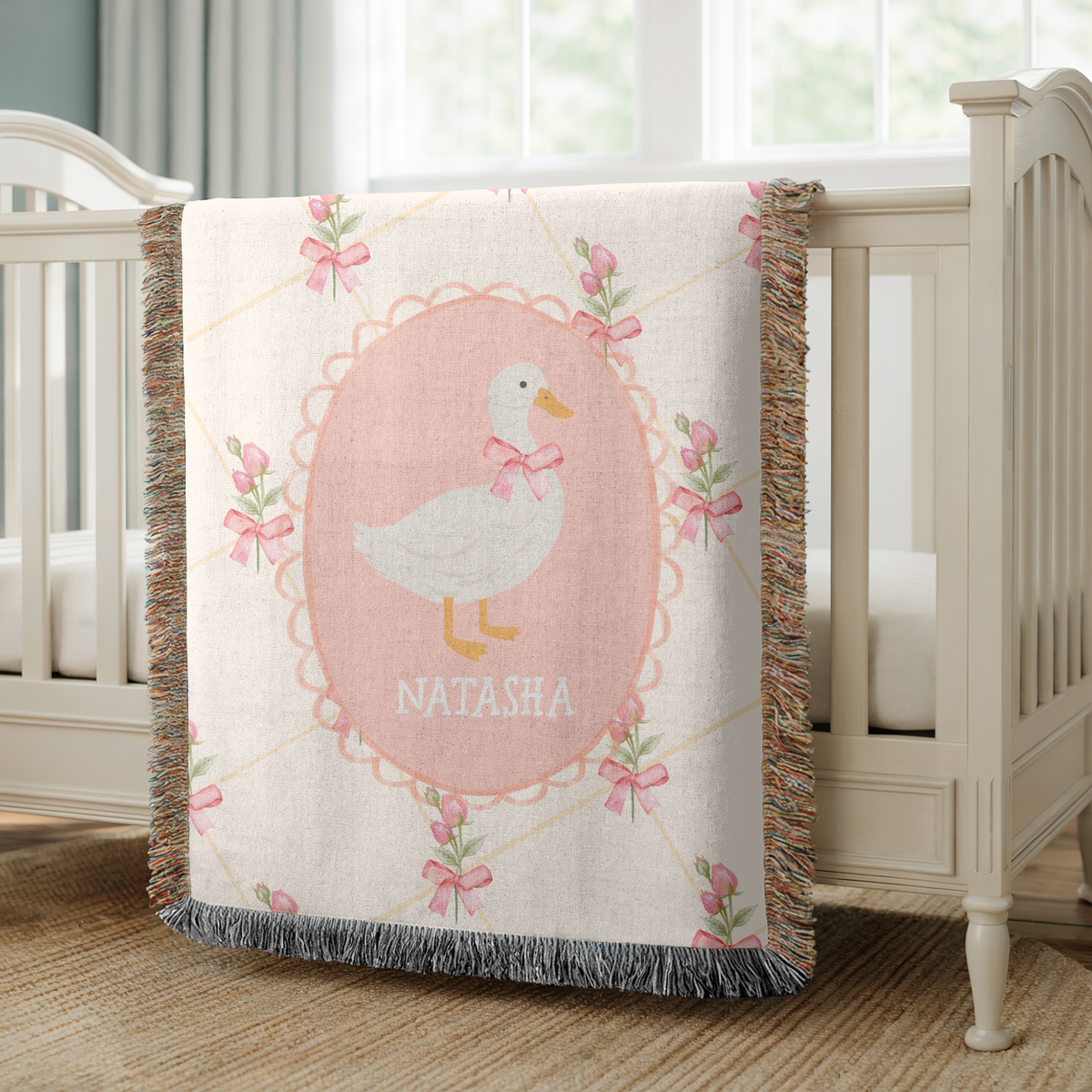Personalized Goose Woven Blanket, Custom Baby Name Blanket, Nursery Decor Throw, Baby Shower Gift, Cute Goose Bedding Accent for Girls
