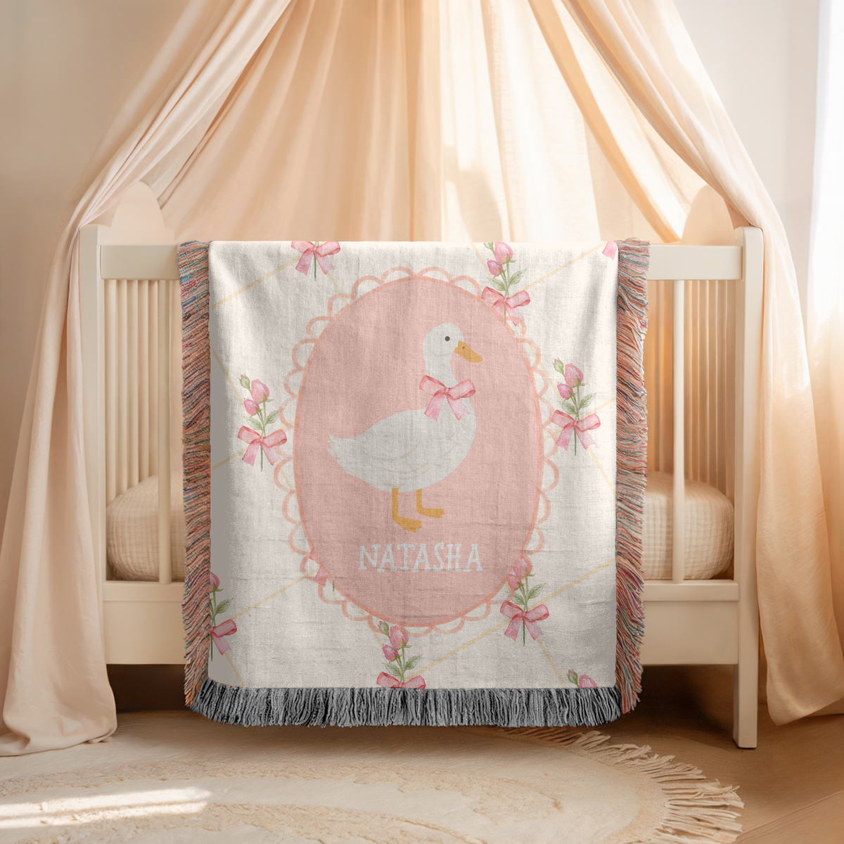 Personalized Goose Woven Blanket, Custom Baby Name Blanket, Nursery Decor Throw, Baby Shower Gift, Cute Goose Bedding Accent for Girls