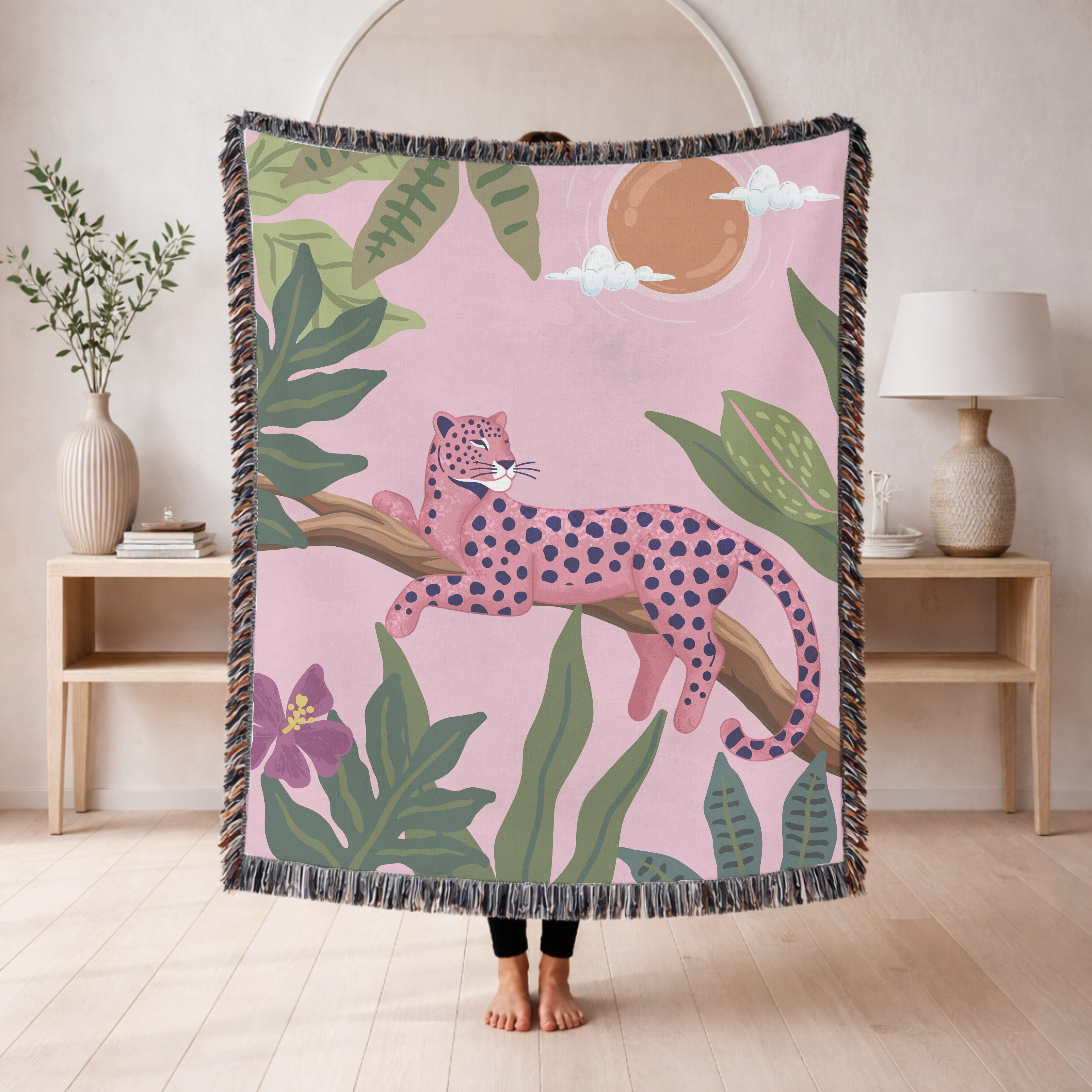Pink Leopard Jungle Woven Blanket, Tropical Animal Throw Blanket