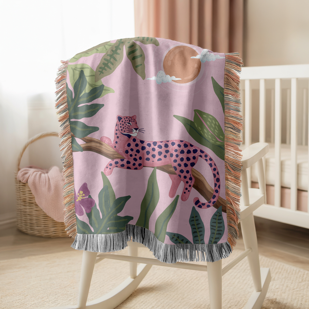 Pink Leopard Jungle Woven Blanket, Tropical Animal Throw Blanket, Maximalist Home Decor, Safari Nursery Accent, Leopard Lover Gift