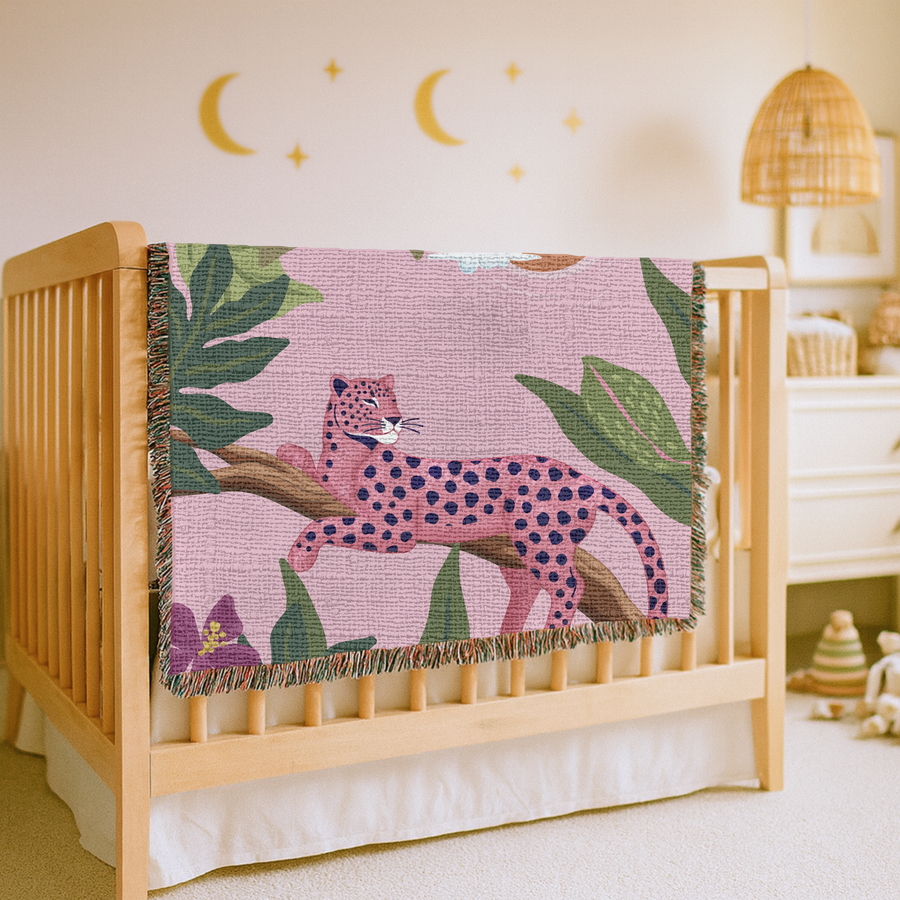 Pink Leopard Jungle Woven Blanket, Tropical Animal Throw Blanket, Maximalist Home Decor, Safari Nursery Accent, Leopard Lover Gift