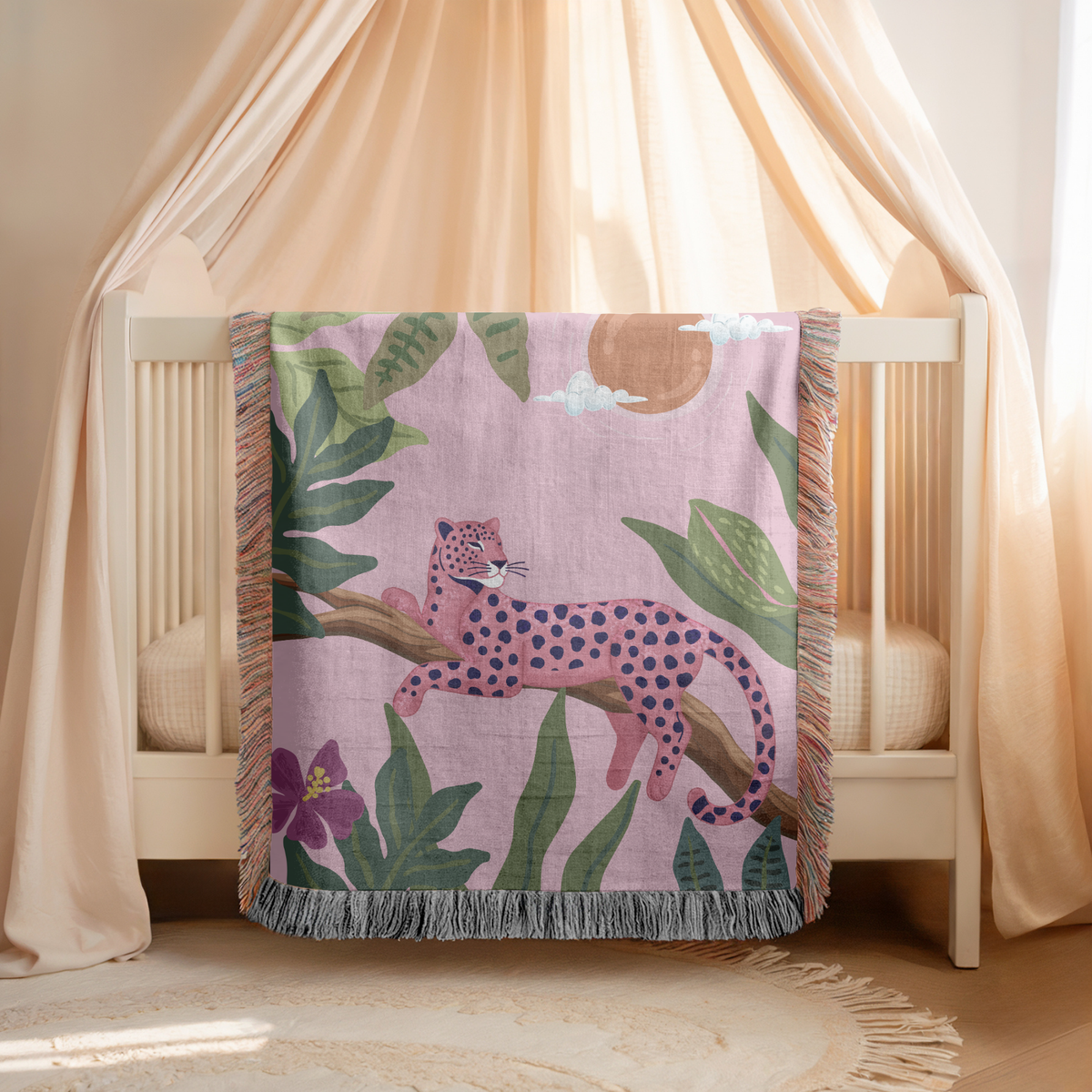 Pink Leopard Jungle Woven Blanket, Tropical Animal Throw Blanket, Maximalist Home Decor, Safari Nursery Accent, Leopard Lover Gift