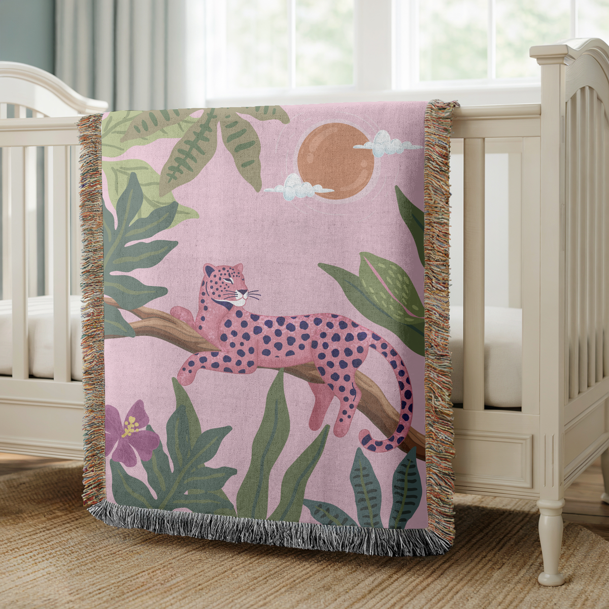Pink Leopard Jungle Woven Blanket, Tropical Animal Throw Blanket, Maximalist Home Decor, Safari Nursery Accent, Leopard Lover Gift
