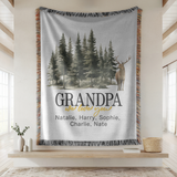Personalized Grandpa Woven Blanket, Custom Deer Forest Throw Blanket from Grandkids, Rustic Woodland Gift for Grandpa
