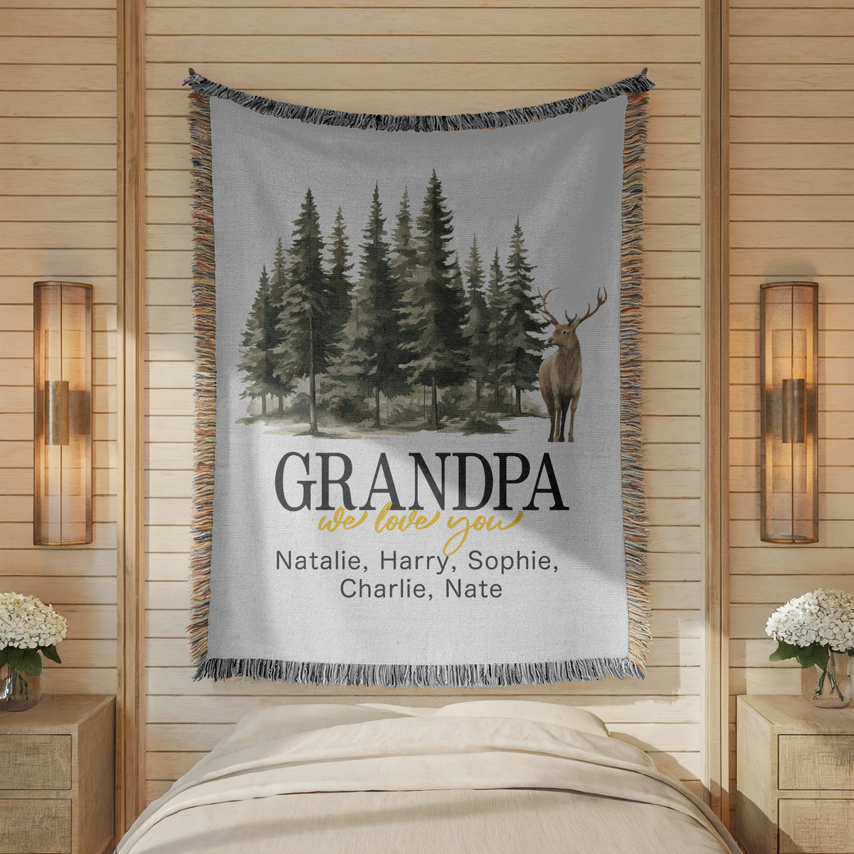 Personalized Grandpa Woven Blanket, Custom Deer Forest Throw Blanket from Grandkids, Rustic Woodland Gift for Grandpa