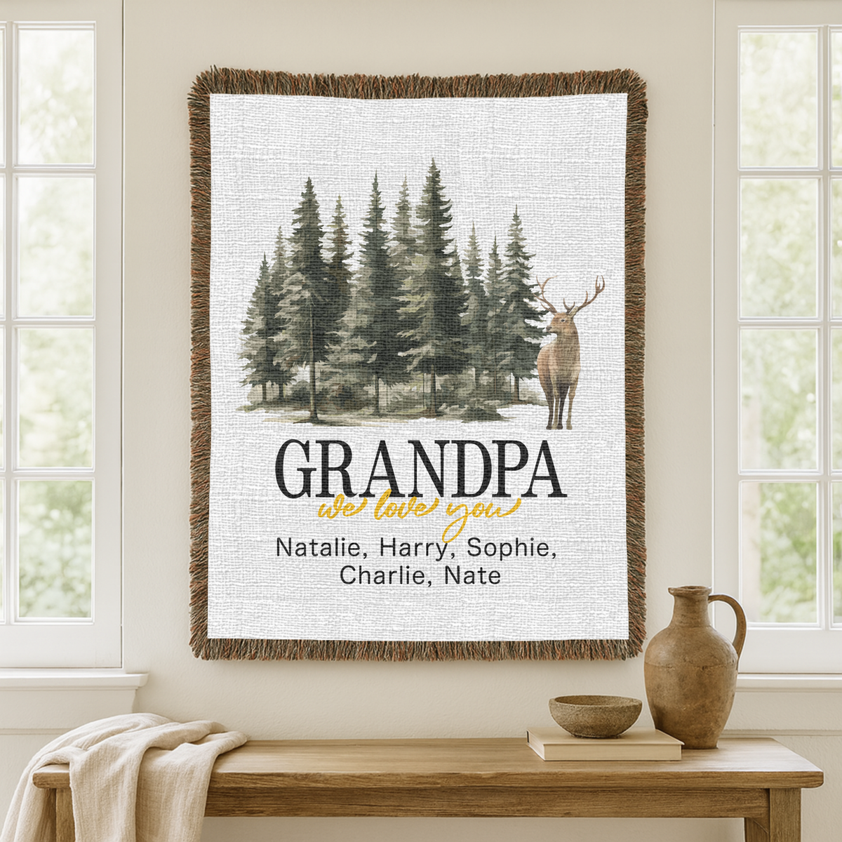 Personalized Grandpa Woven Blanket, Custom Deer Forest Throw Blanket from Grandkids, Rustic Woodland Gift for Grandpa