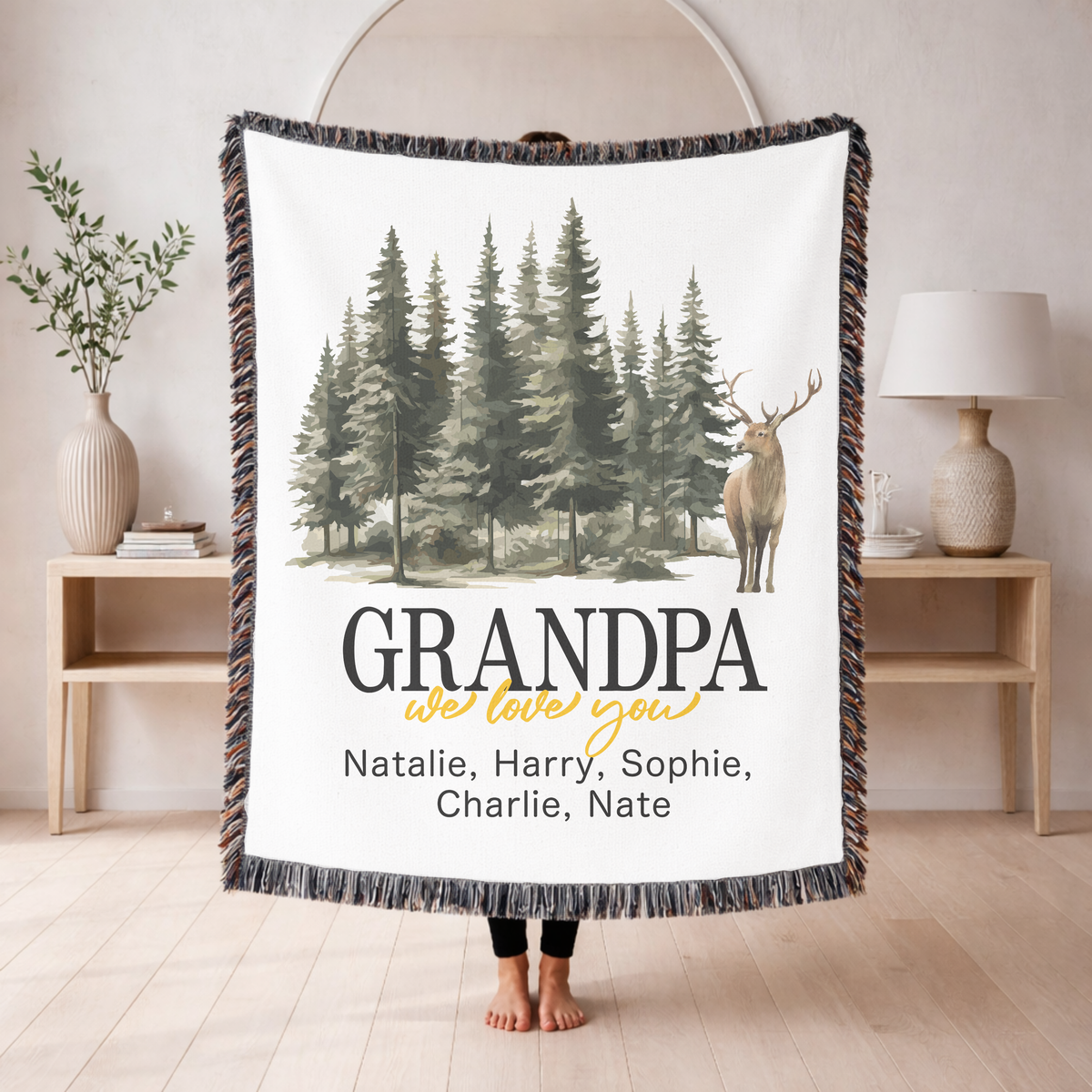 Personalized Grandpa Woven Blanket, Custom Deer Forest Throw Blanket from Grandkids, Rustic Woodland Gift for Grandpa