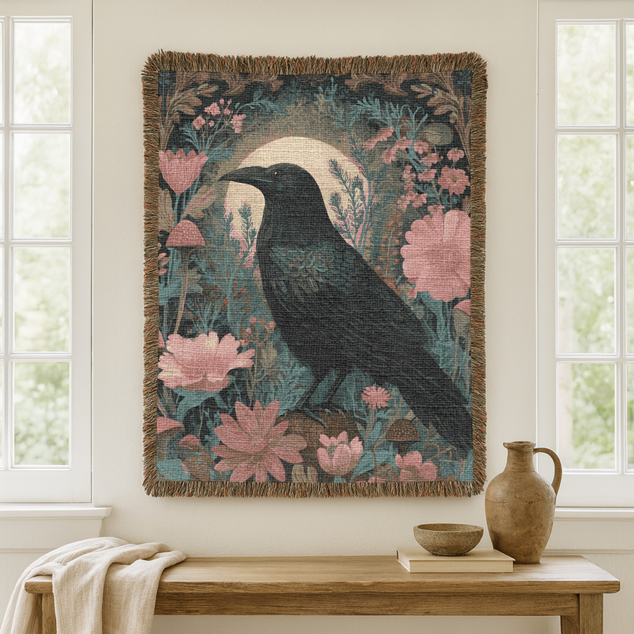 Fringed woven tapestry of a black crow standing in profile against a pale rising moon, surrounded by pink poppies, teal foliage and small brown mushrooms on a dark ground.