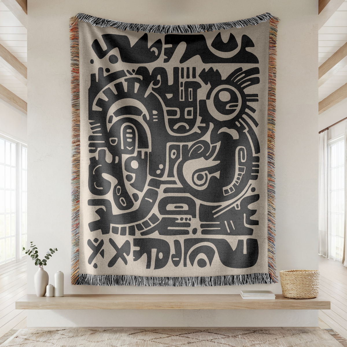Abstract Tribal Woven Blanket, Modern Boho Throw Blanket for Minimalist Home Decor, Neutral Geometric Art Gift for Contemporary Spaces